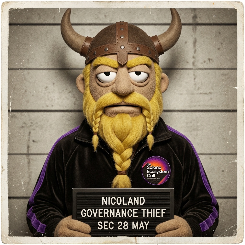 Muppet mugshot of @nicolandfree, charged as GOVERNANCE THIEF