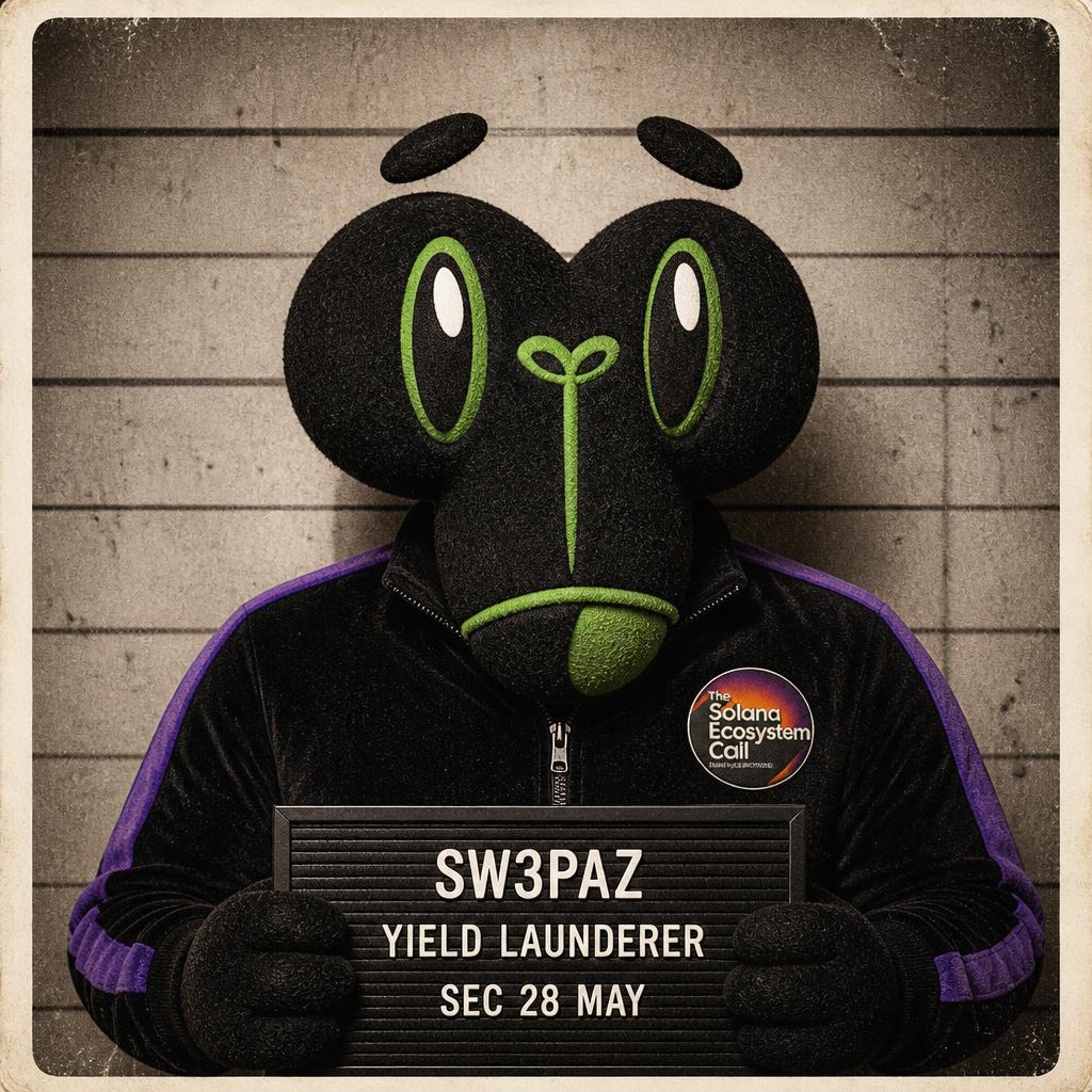 Muppet mugshot of @sw3paz, charged as YIELD LAUNDERER